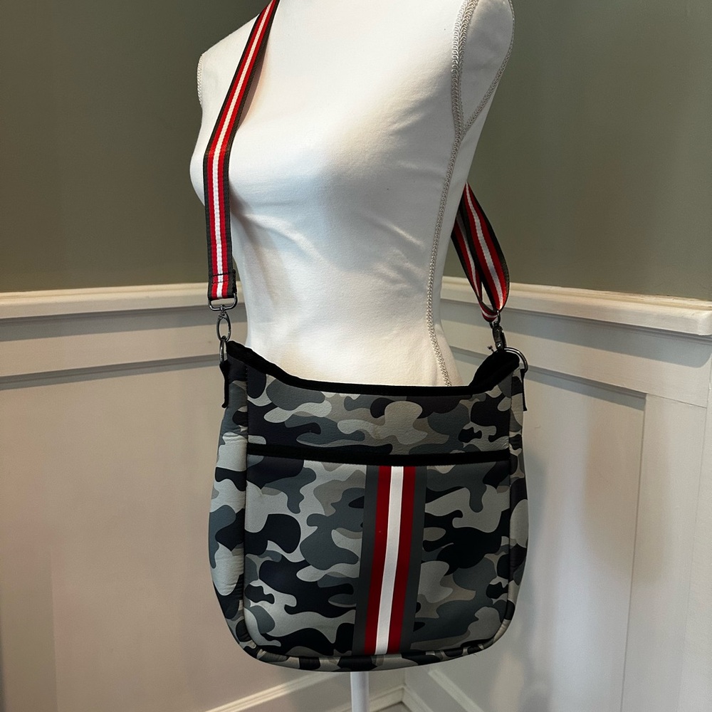 Camouflage Crossbody Bag with Red Stripe